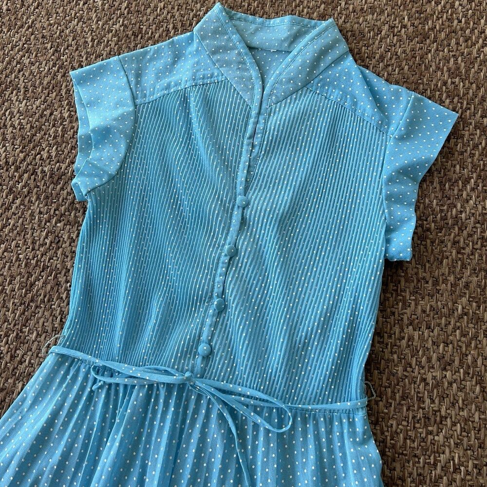 Vintage Blue Polka Dot Dress Woman’s Small Prairie Dress Sheer Country READ - Picture 3 of 8